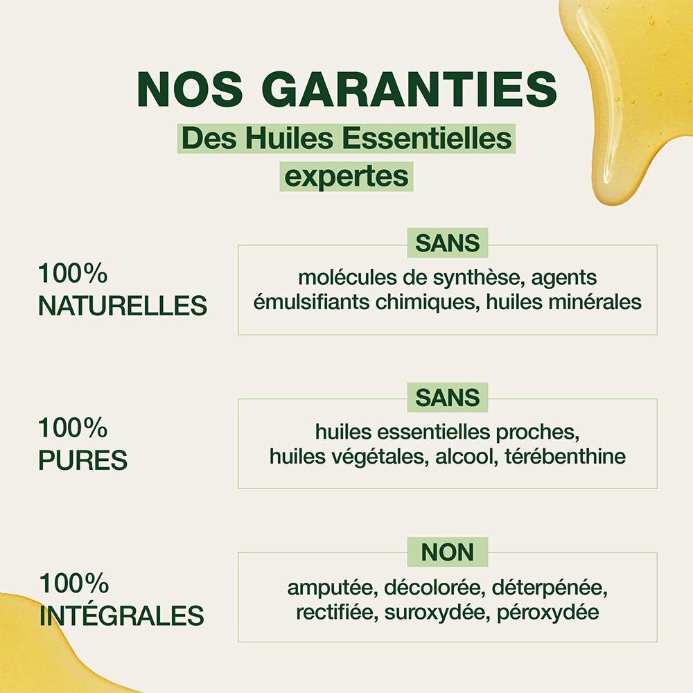 Texte: Nos Garanties. 100% Naturelles, Pures, Intégrales. Sans molécules synthétiques, etc.