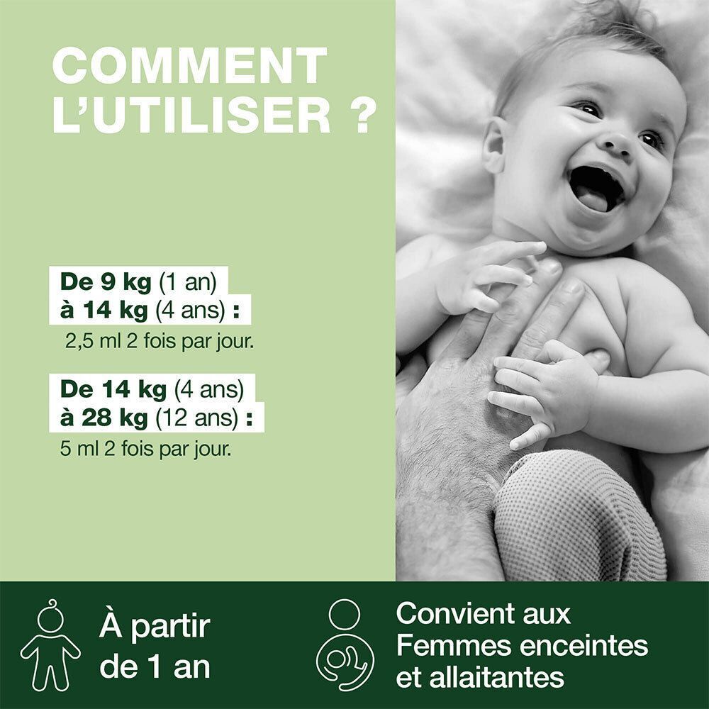 Utilisation: 1 an: 2,5 ml, 2x/jour. 4-12 ans: 5 ml, 2x/jour. Convient aux femmes enceintes.