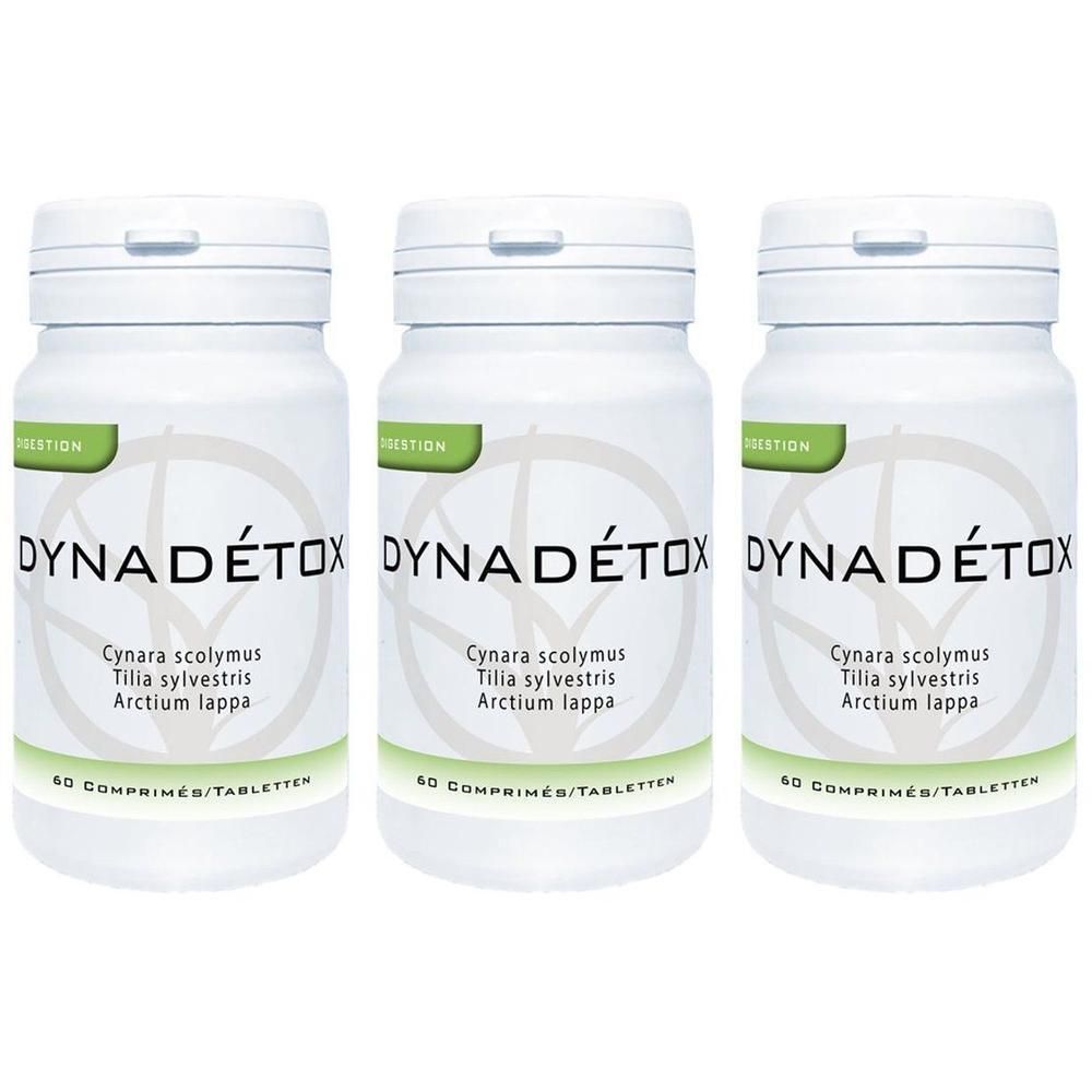 Drie witte flessen met de opdruk DYNADÉTOX. Op elke fles staan ingrediënten en het aantal tabletten vermeld.