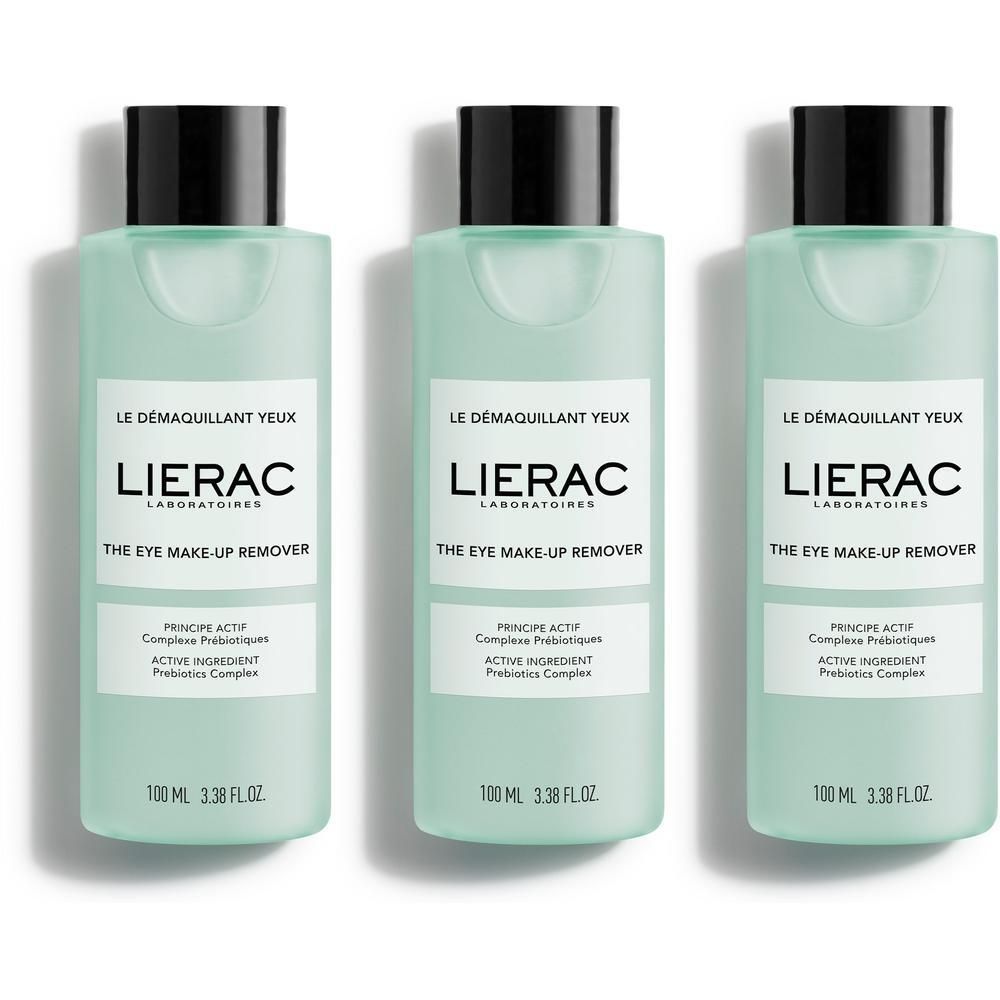 Drie groene flessen met zwarte dop. Opschrift: Lierac, Le Démaquillant Yeux, The Eye Make-up Remover. 100 ml.