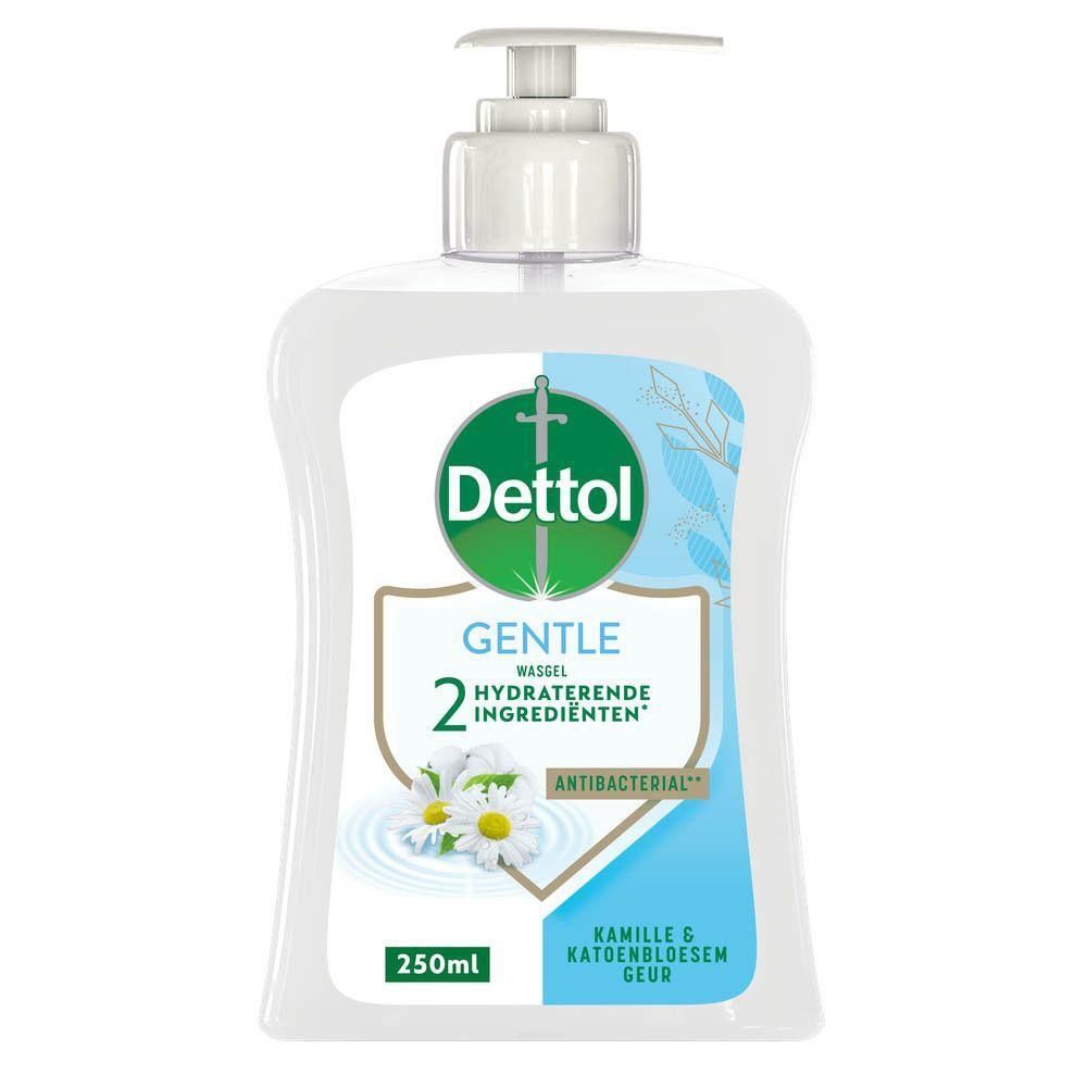 Dettol wasgel met kamille. Witte fles met pomp. Logo en productinformatie op het etiket. 250ml.