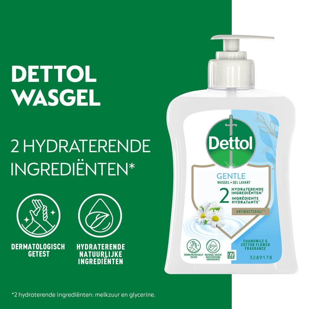 Dettol wasgel. Witte fles met pomp. Logo en productinformatie. Dermatologisch getest. 2 hydraterende ingrediënten.