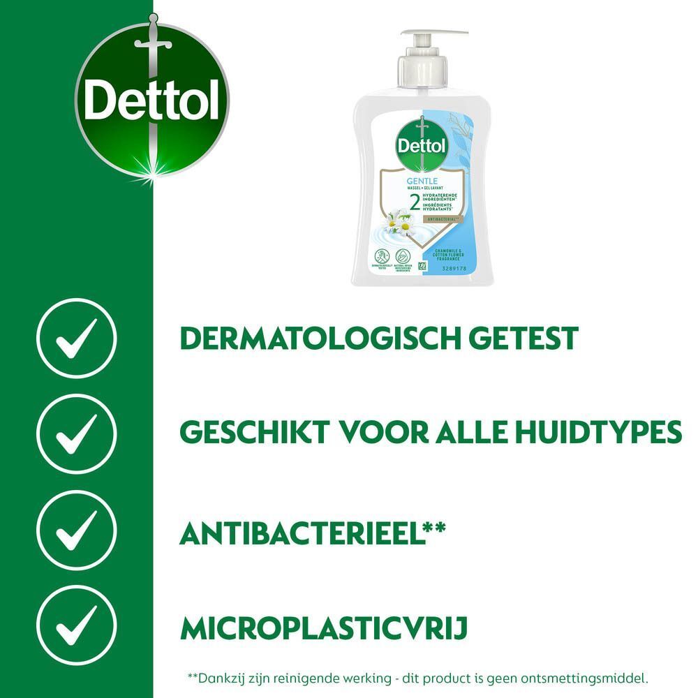 Dettol product met groene vinkjes. Dermatologisch getest, geschikt voor alle huidtypes, antibacterieel, microplasticvrij.