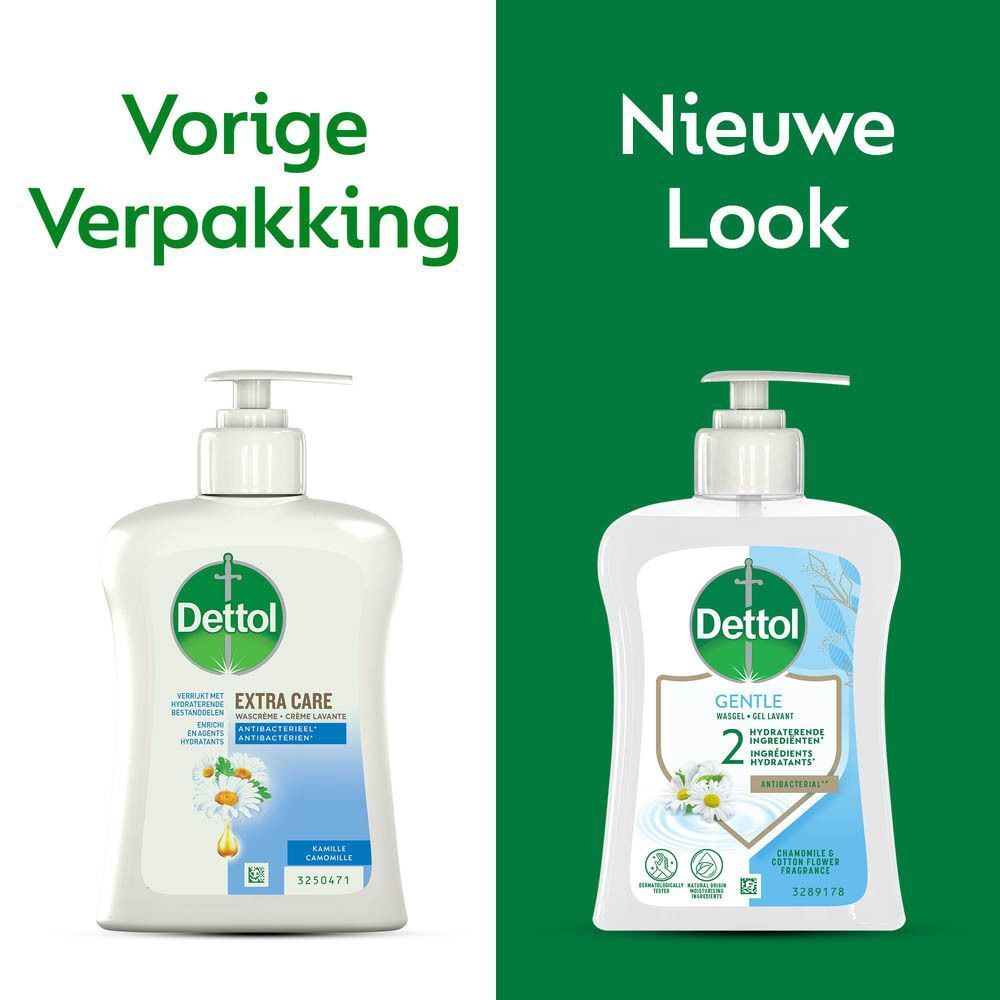 Vergelijking oude en nieuwe Dettol verpakking. Rechts: witte fles met pomp, Dettol logo en productinformatie.