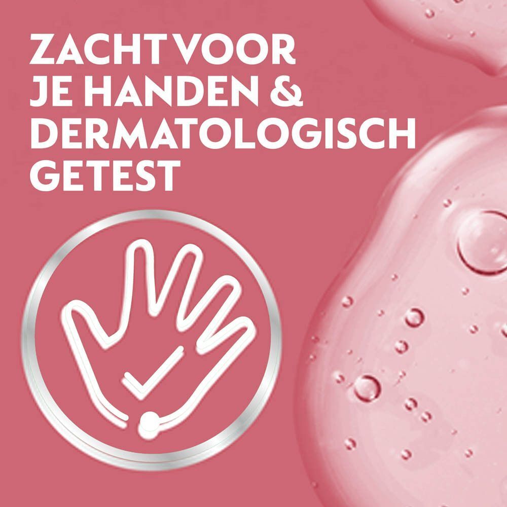 Handen in roze vloeistof. Tekst: Zacht voor je handen & dermatologisch getest. Logo met hand en vinkje.