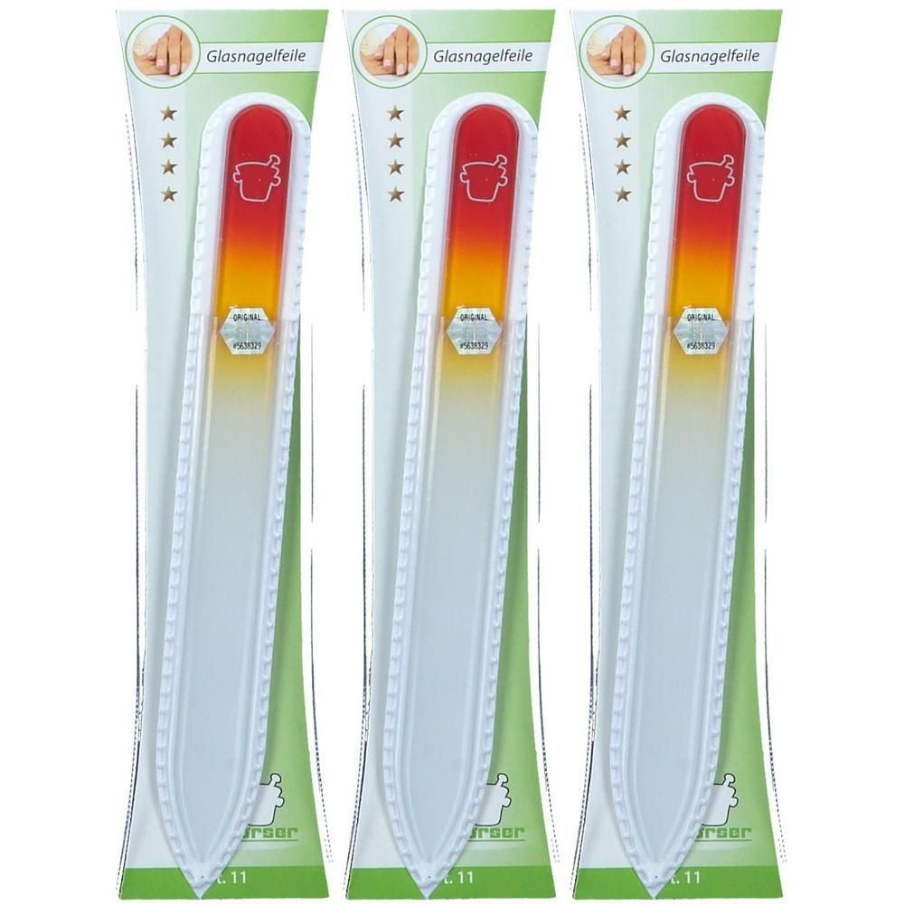 Trois limes à ongles en verre dans leur emballage. Dégradé de couleurs rouge à jaune. Inscription: Glasnagelfeile, Mörser.