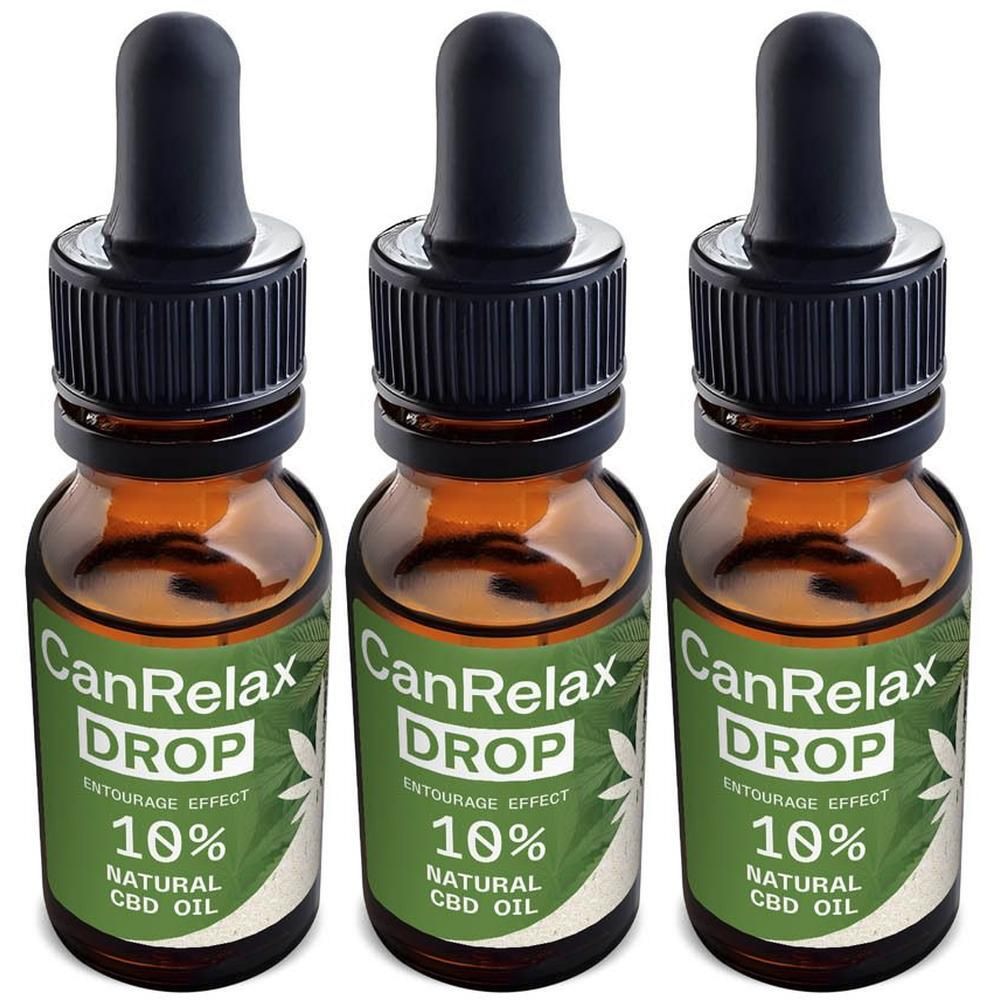 Drie flesjes met druppelaar. Opschrift: CanRelax DROP, 10% Natural CBD Oil. Groene etiketten.
