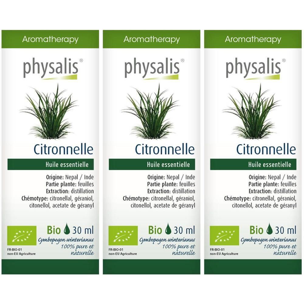 Drie flessen Physalis Citronella de Java essentiële olie. Groen-witte etiketten met plantillustratie en tekst. Bio-certificering.