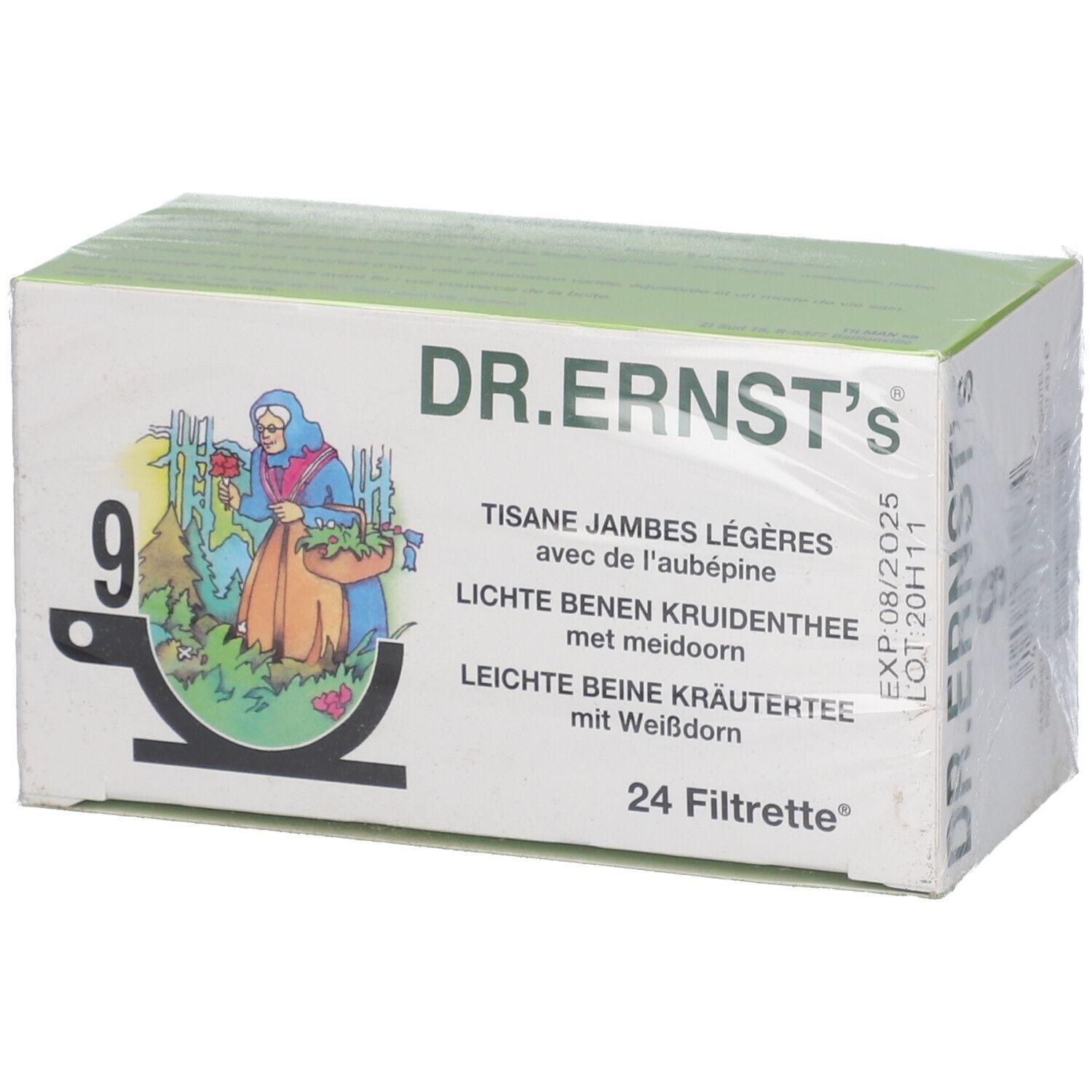 Doos kruidenthee. Opschrift: DR.ERNST'S, 9, TISANE JAMBES LÉGÈRES, 24 Filtrette. Ten minste houdbaar tot 08/2025.