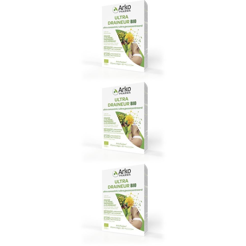 Trois boîtes de produit Ultra Draineur Bio. Inscription : Arko Pharma, Ultra Draineur Bio, certification bio.