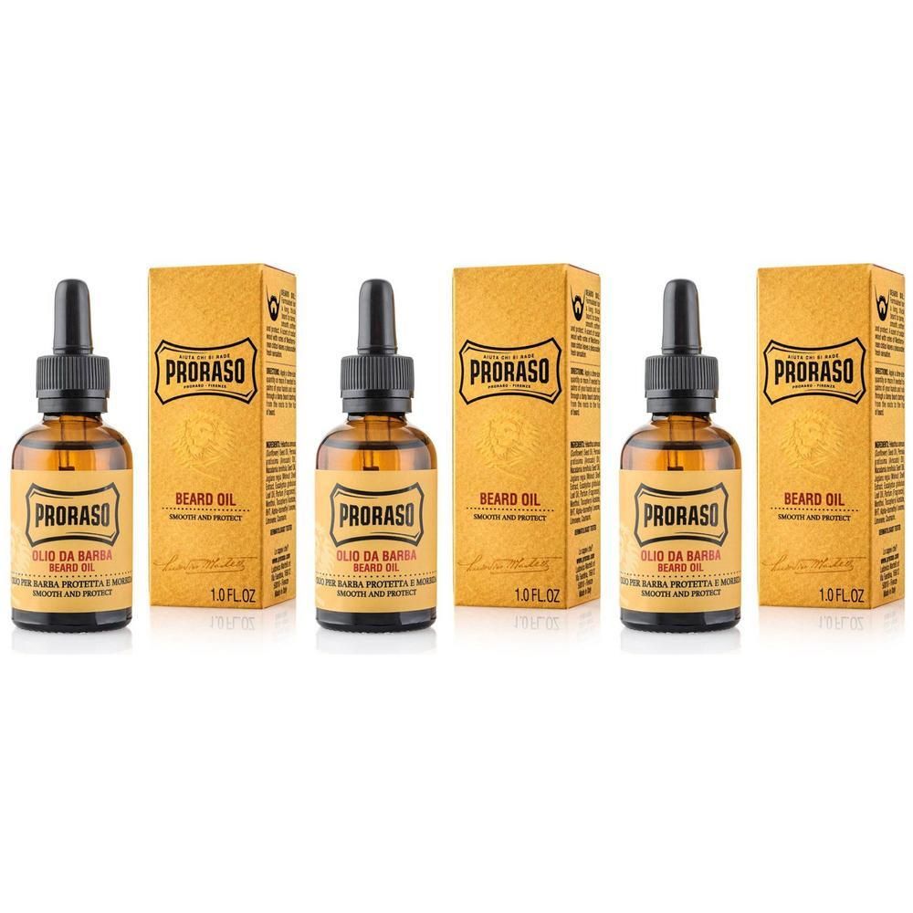 Drie flessen met pipet en dozen. De etiketten tonen "PRORASO" en "Olio da Barba". 