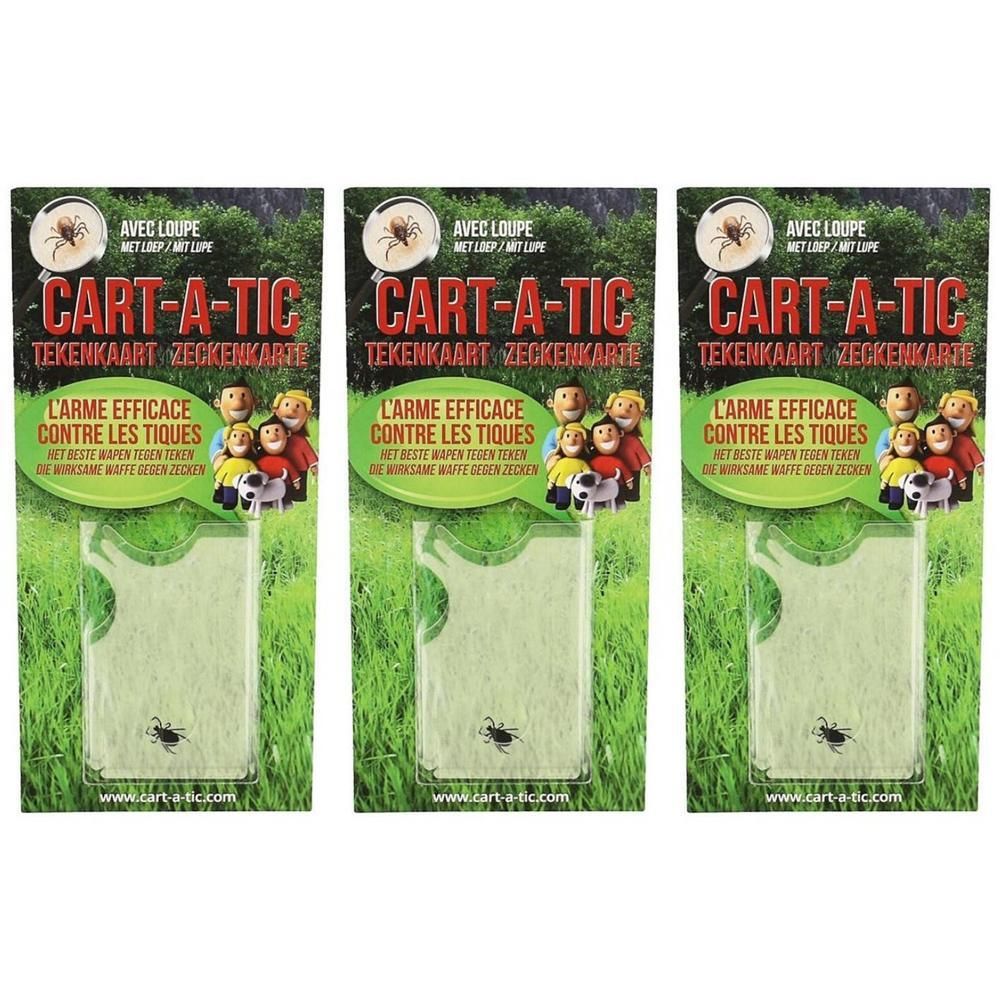 Drie CART-A-TIC tekenkaarten met loep. Verpakking met illustratie van personages en teken. Tekst: L'ARME EFFICACE CONTRE LES TIQUES.