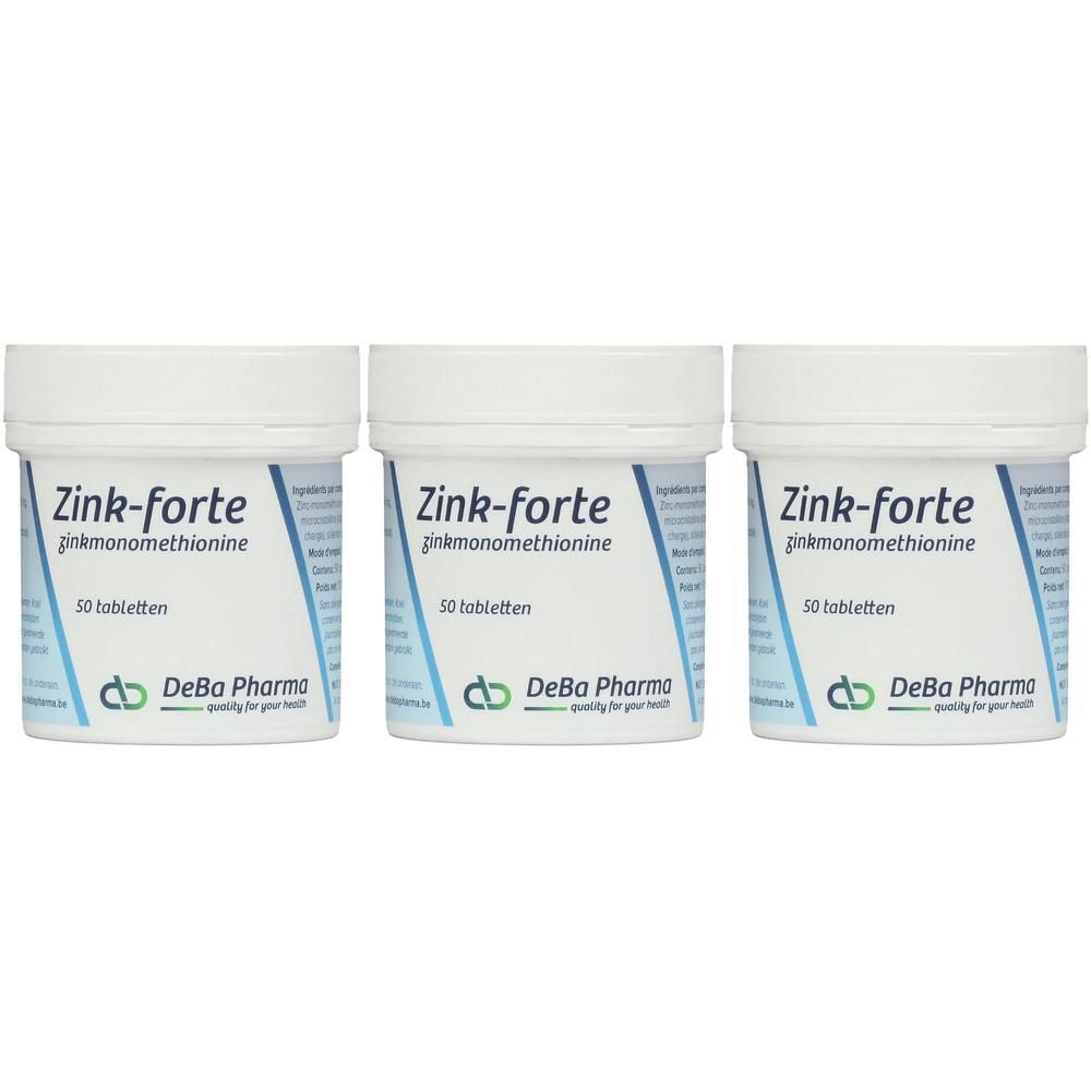 Drie witte potten met de tekst Zink-forte, 50 tabletten. DeBa Pharma logo.