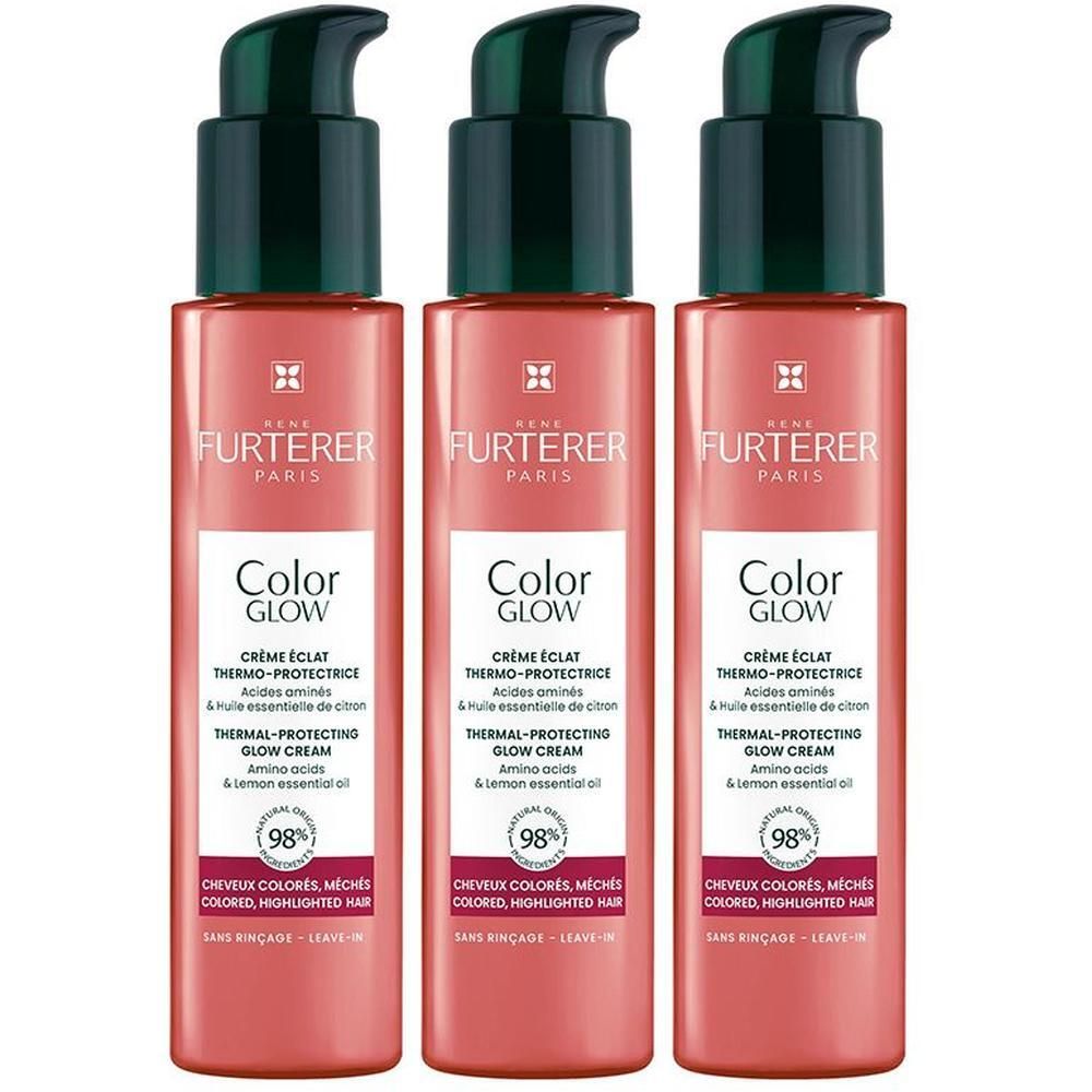 Trois flacons de René Furterer Color Glow. Flacons roses avec pompes vertes. Texte: Color Glow, Crème Éclat, Thermo-protectrice.