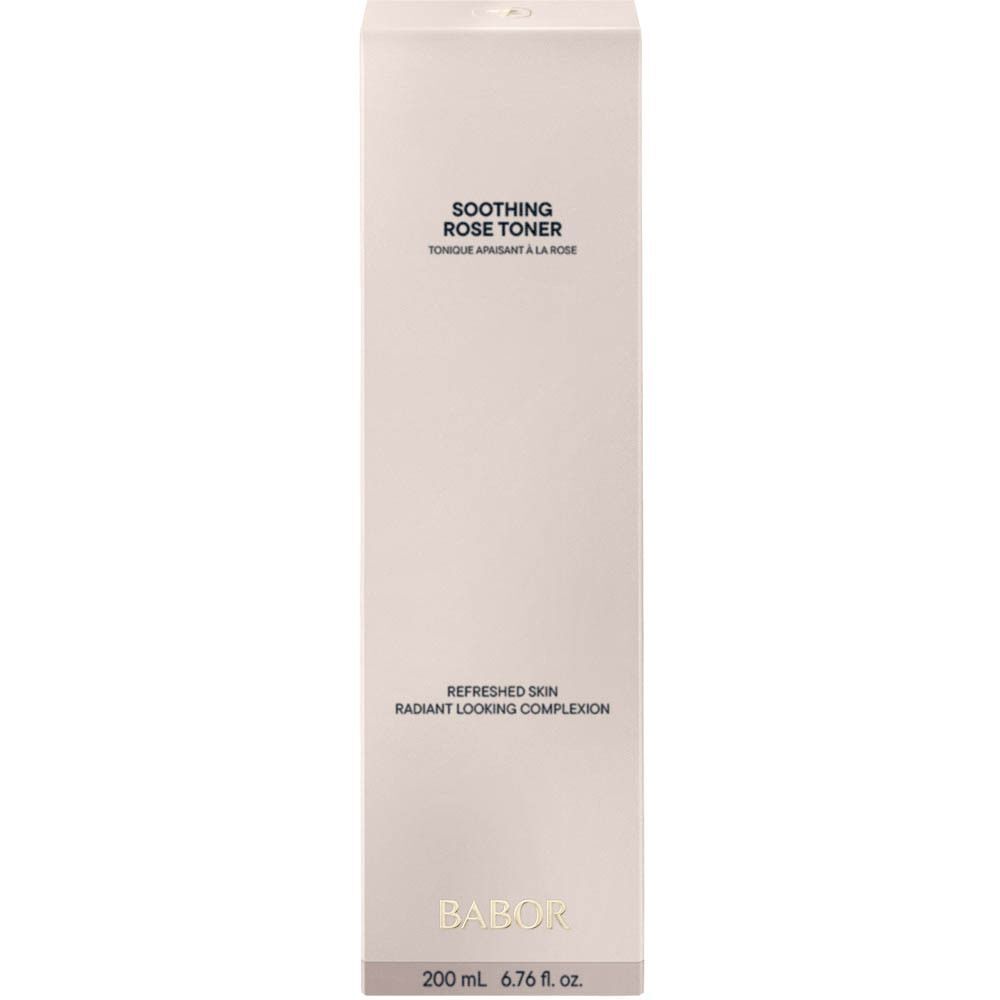 Verpakking van Babor Soothing Rose Toner. Productnaam, merk, tekst en volume-aanduiding op de verpakking.
