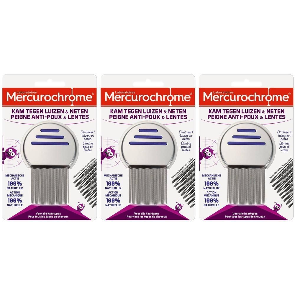 Drie verpakkingen met luizenkammen. Elke kam heeft een metalen kop en fijne tanden. De verpakking toont de merknaam en productnaam.