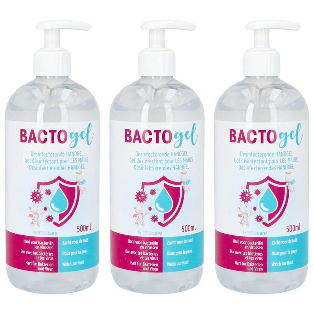 Drie flessen Bactogel. Heldere vloeistof met witte pomp. Etiket met logo en tekst. 500ml.
