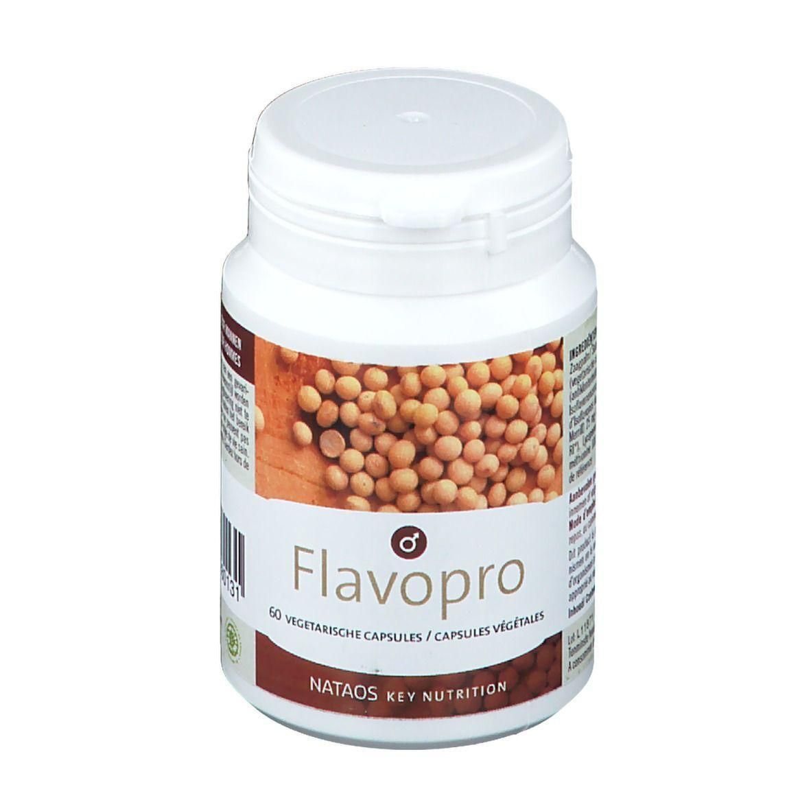 Flacon blanc avec couvercle. Étiquette avec nom du produit Flavopro, image de graines de soja et texte. Nataos Key Nutrition.