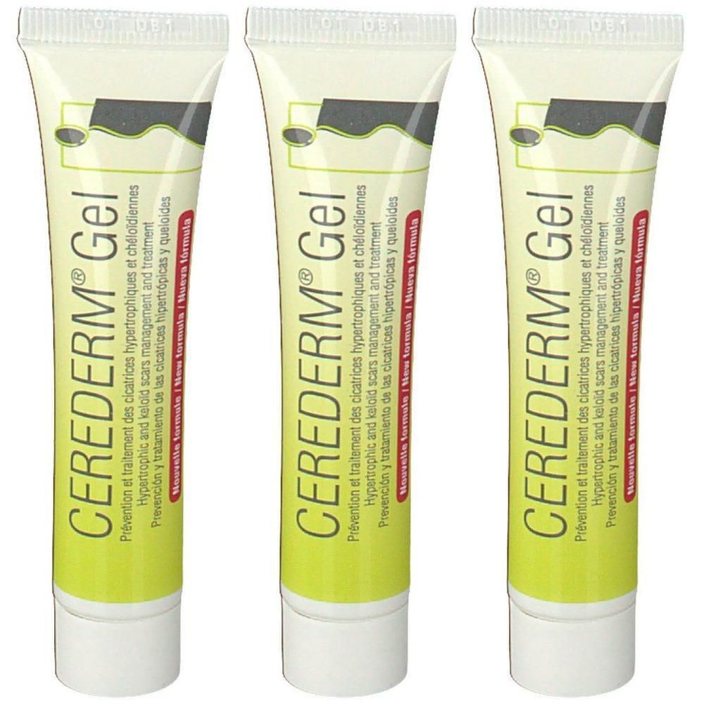 Drie tubes Cerederm Gel. Opschrift: Prévention et traitement des cicatrices hypertrophiques et chéloïdiennes. Nieuwe formule.