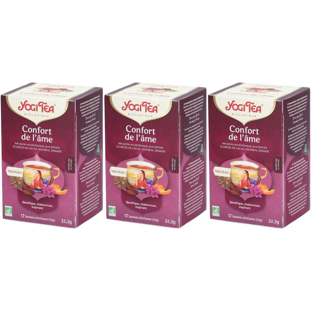 Drie dozen Yogi Tea® Soul Balm. Opschrift: Confort de l'âme. Afbeelding van een kopje thee. Biologisch keurmerk.