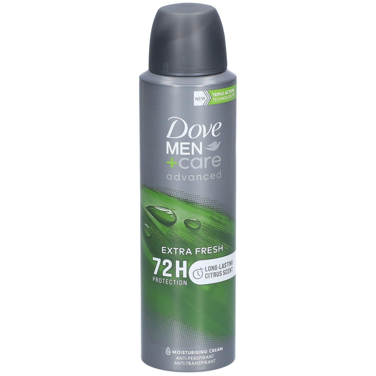 Grijze spuitbus met zwarte dop. Opschrift Dove Men+Care, Extra Fresh, 72H Protection. Groen-witte afbeelding.