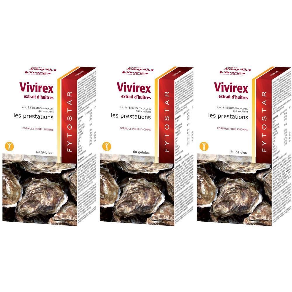 Drie dozen Vivirex supplement. Opschrift: extrait d'huîtres, les prestations, FYTOSTAR. 60 capsules.