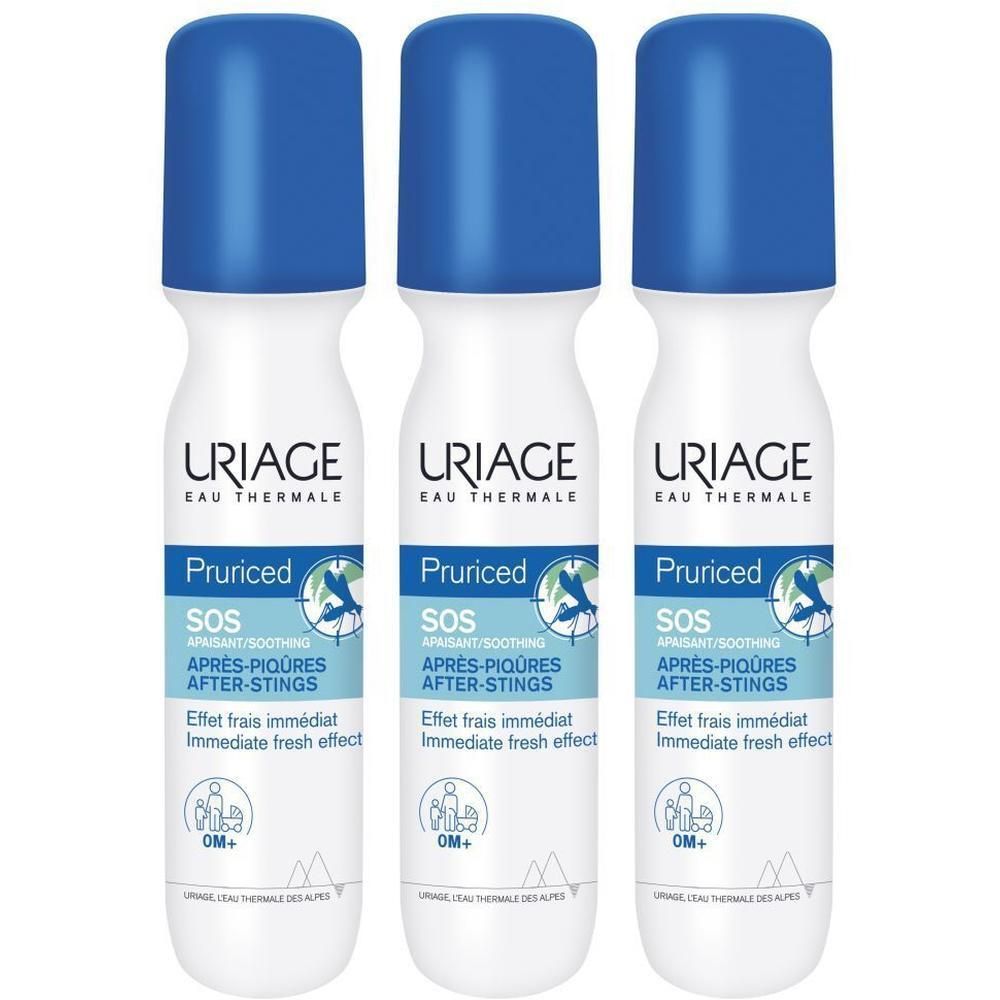 Trois flacons blancs avec bouchon bleu. Inscription: Uriage, Pruriced SOS, Après-Piqûres, Effet frais immédiat.