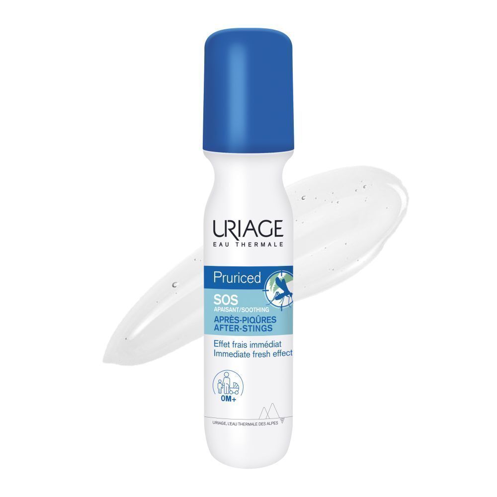 Witte fles met blauwe dop. Opschrift: Uriage, Pruriced SOS, Après-Piqûres, Immediate fresh effect. Gel-streep.