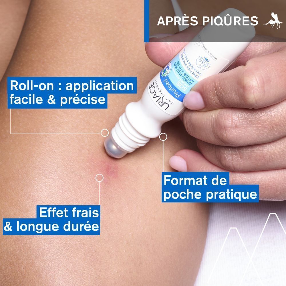 Application sur une jambe. Roll-on. Inscription: Après Piqûres. Texte: Effet frais & longue durée.