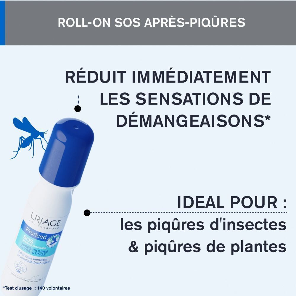 Produit avec bouchon bleu. Inscription: Roll-on SOS Après-Piqûres. Texte: Réduit immédiatement les sensations de démangeaisons.