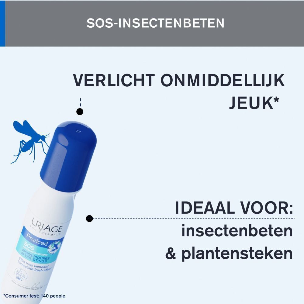 Product met blauwe dop. Opschrift: SOS-insectenbeten. Tekst: Verlicht onmiddellijk jeuk. Ideal voor: insectenbeten.