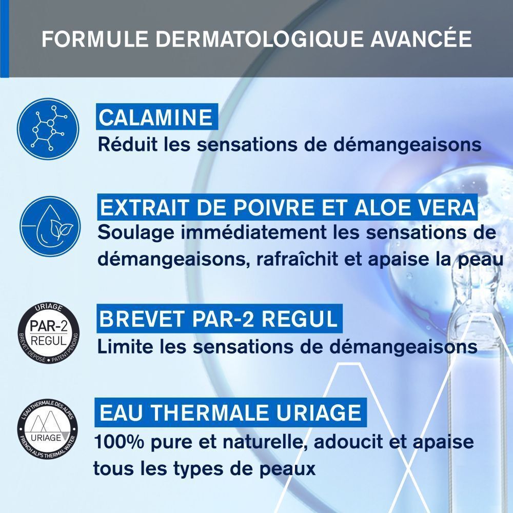 Graphique avec ingrédients. Texte: Calamine, Extrait de poivre et aloe vera, Brevet par-2 regul, Eau thermale Uriage.