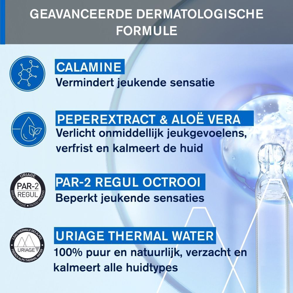 Grafiek met ingrediënten. Tekst: Calamine, Peperxtract & aloë vera, Par-2 regul octrooi, Uriage thermal water.