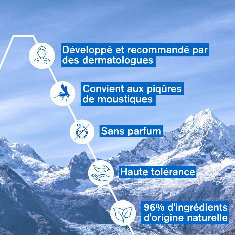 Graphique avec texte. Texte: Développé et recommandé par des dermatologues, Convient aux piqûres de moustiques, Sans parfum.