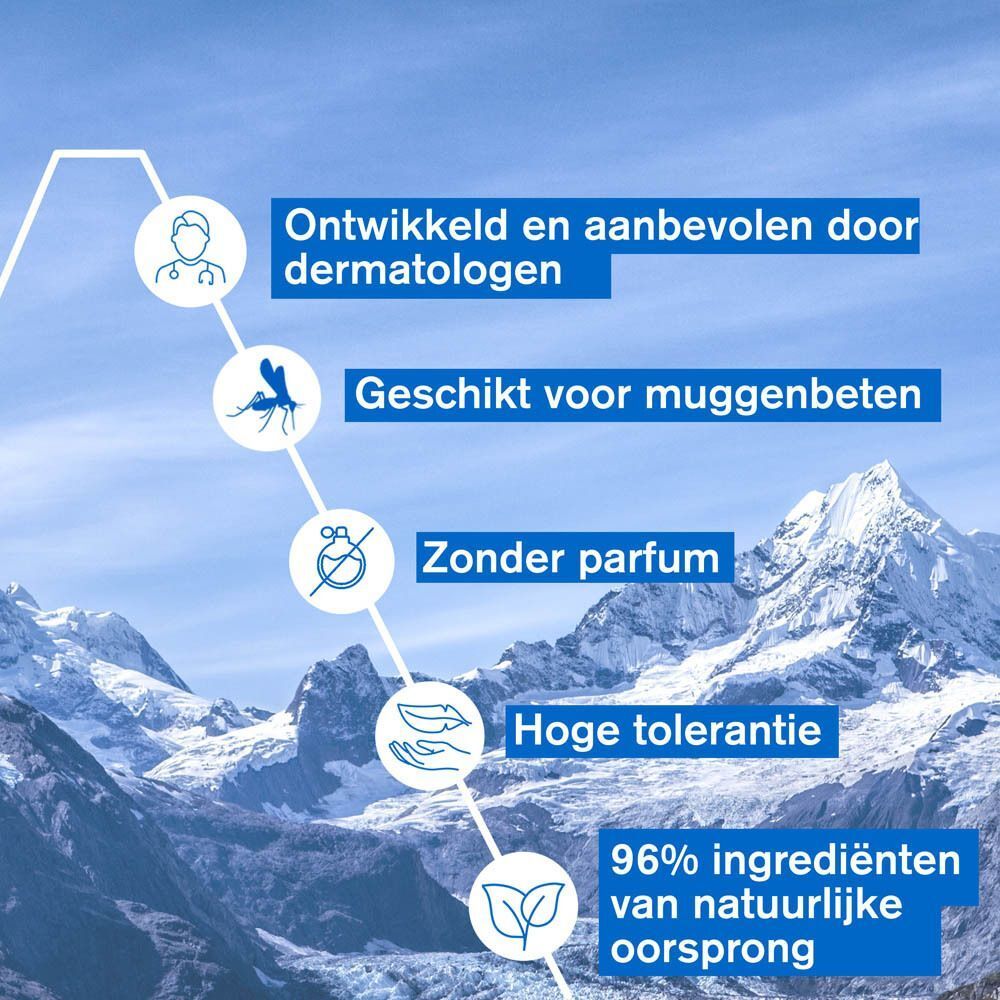 Grafiek met tekst. Tekst: Ontwikkeld en aanbevolen door dermatologen, Geschikt voor muggenbeten, Zonder parfum.