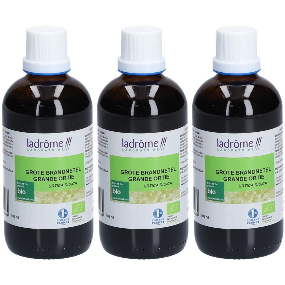Trois flacons avec bouchon blanc et étiquette. L'étiquette indique "ladrôme" et "GROTE BRANDNETEL GRANDE ORTIE".
