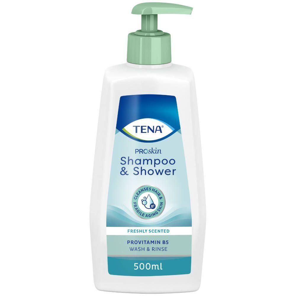 Witte fles met groene pomp. Blauw etiket met TENA ProSkin Shampoo & Shower. Bevat provitamine B5. Fris geparfumeerd.