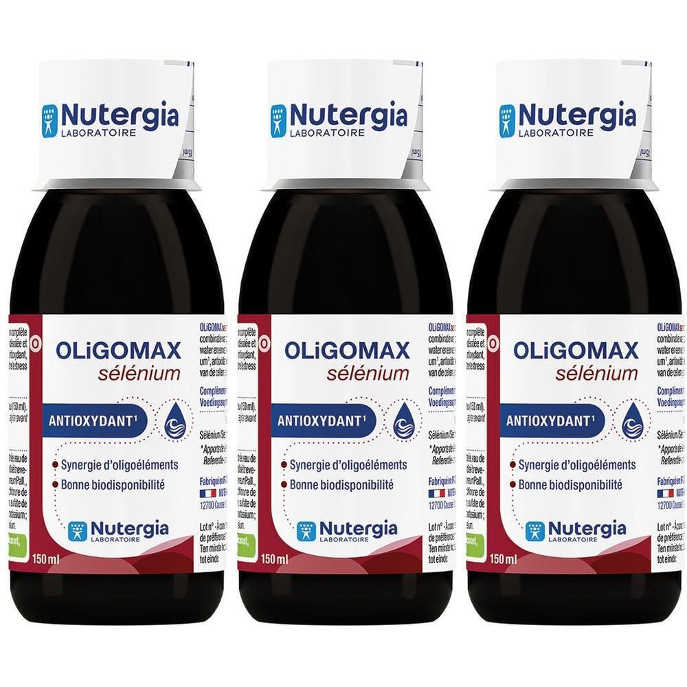 Drie flessen Nutergia Oligomax Sélénium. Elke fles heeft een wit etiket met productinfo en 150 ml inhoud.