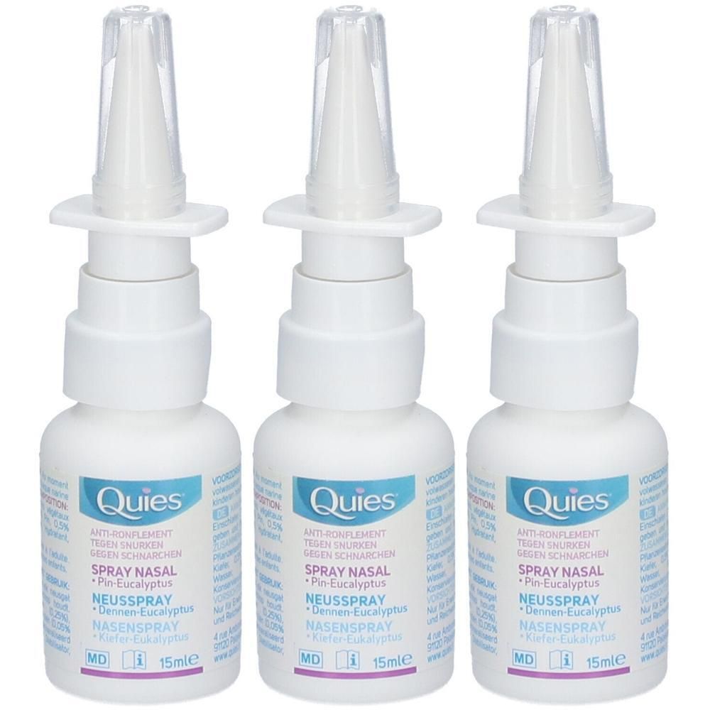 Drie witte sprayflacons met transparante doppen. Op de etiketten staat "Quies Spray Nasal".