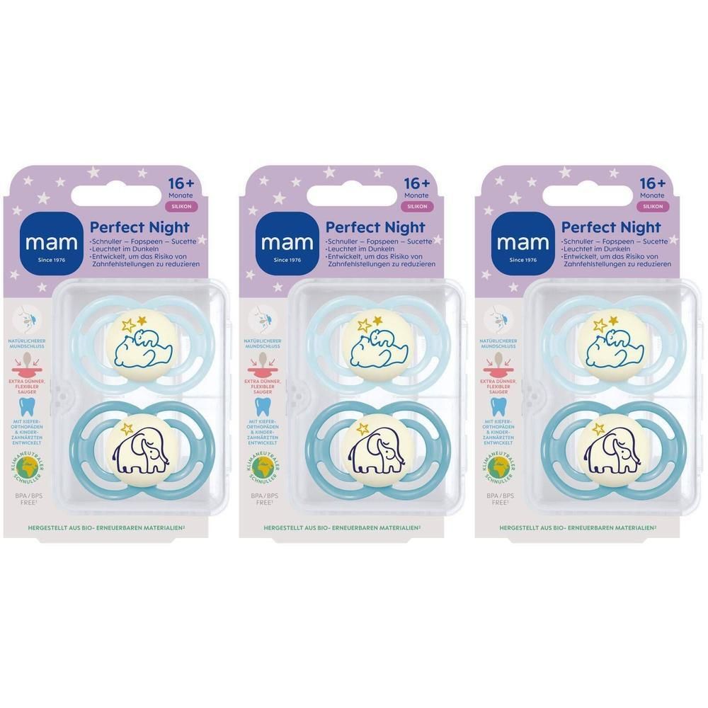 Trois emballages de sucettes MAM Perfect Night. Bleu, silicone, pour 16+ mois. Emballage avec image du produit.