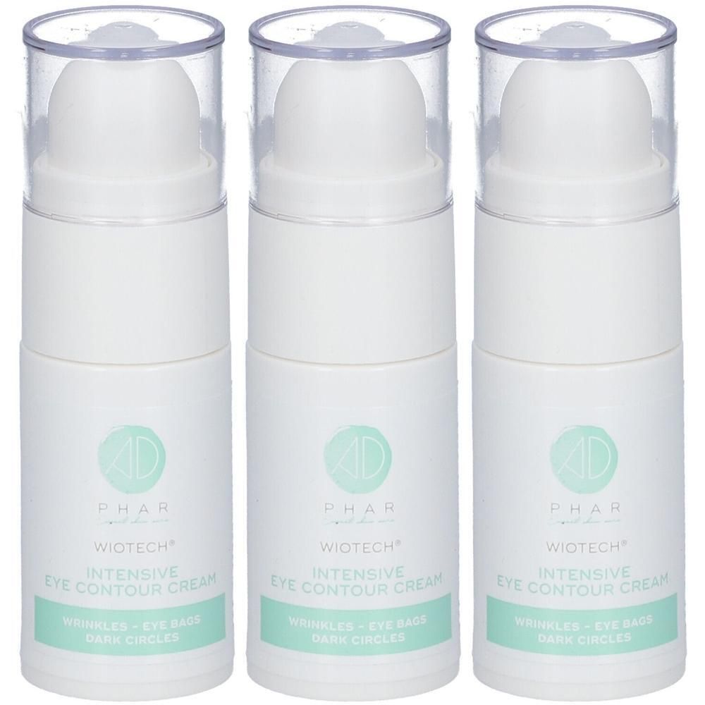 Drie witte flessen met transparante doppen. Opschrift: Wiotech Intensive Eye Contour Cream. Tegen rimpels en donkere kringen.