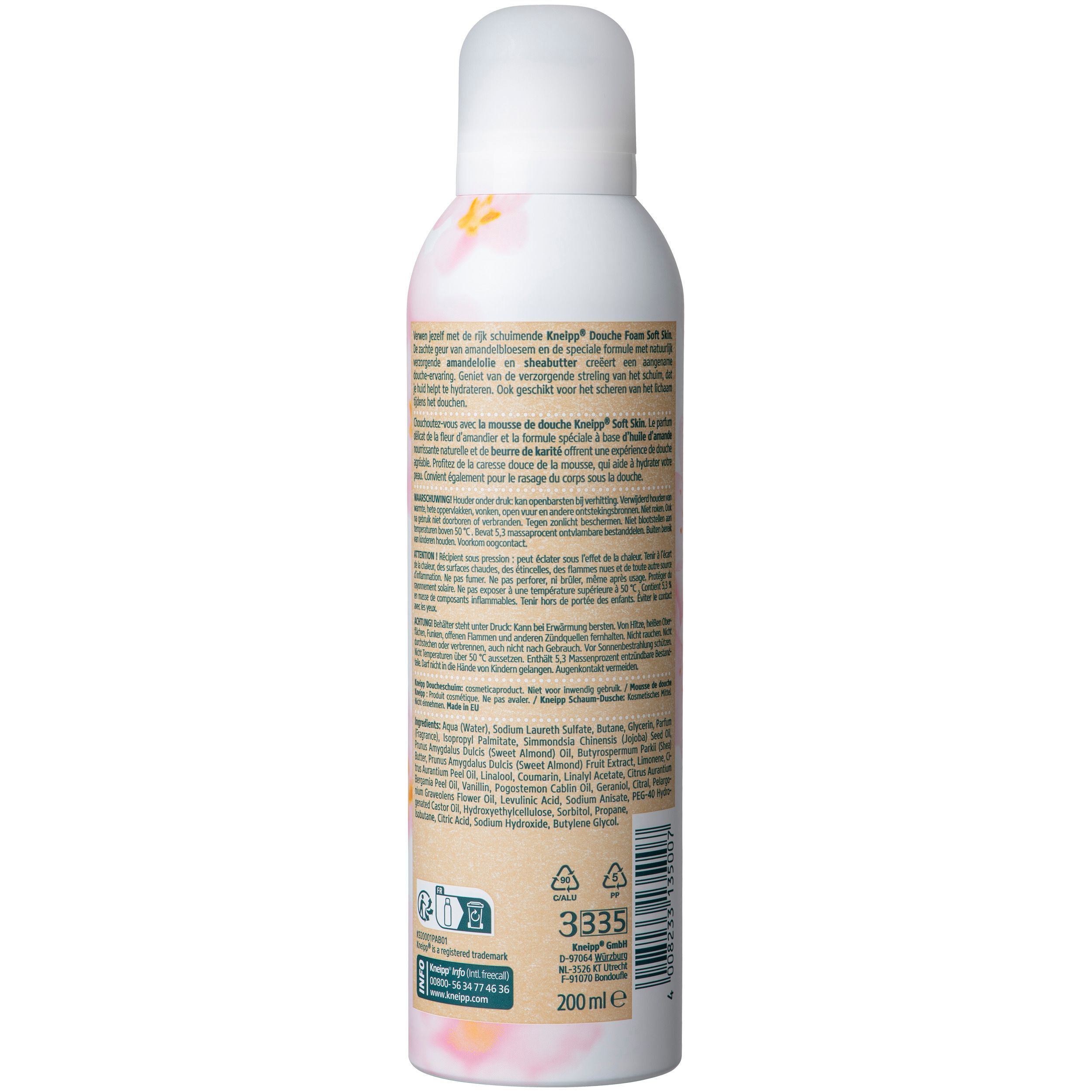 Achterkant van een spuitbus. Tekst in meerdere talen. Opschrift: Kneipp Douche Foam Soft Skin. Ingrediënten. Recyclingsymbool. Volume: 200 ml.