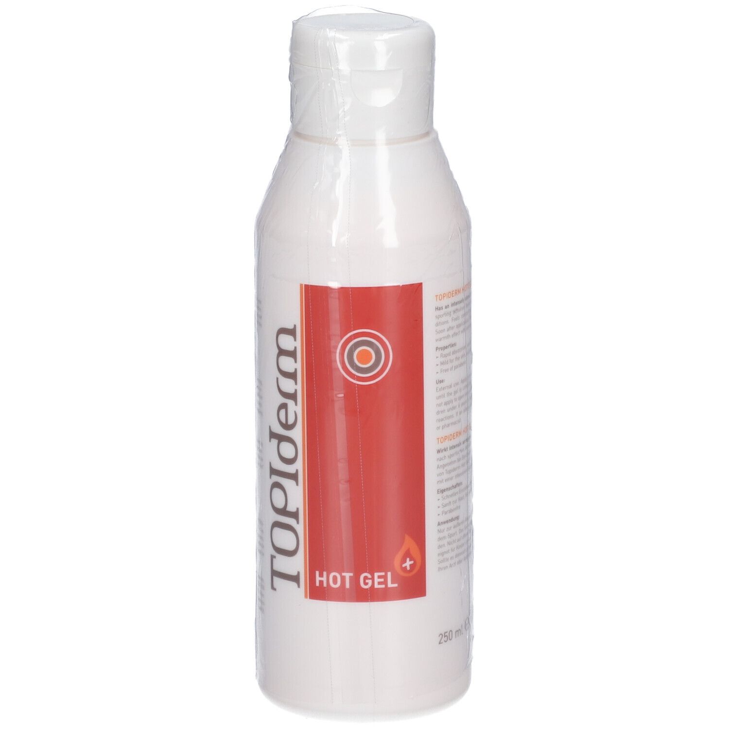 Flacon blanc avec étiquette rouge. Inscription : TOPIderm HOT GEL. Bouchon blanc et enveloppe transparente.