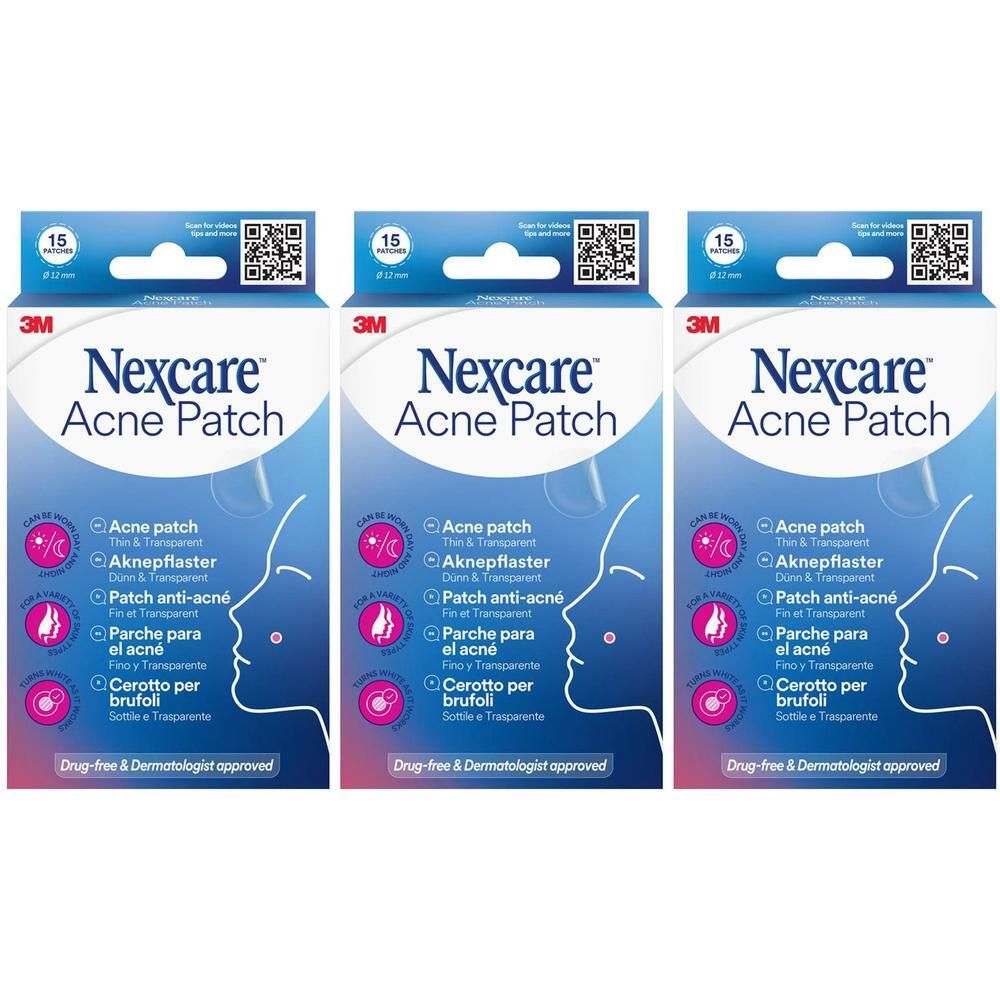 Drie verpakkingen Nexcare™ Acne Patch. Blauwe verpakking met productnaam, 15 pleisters en gezichtsillustratie.
