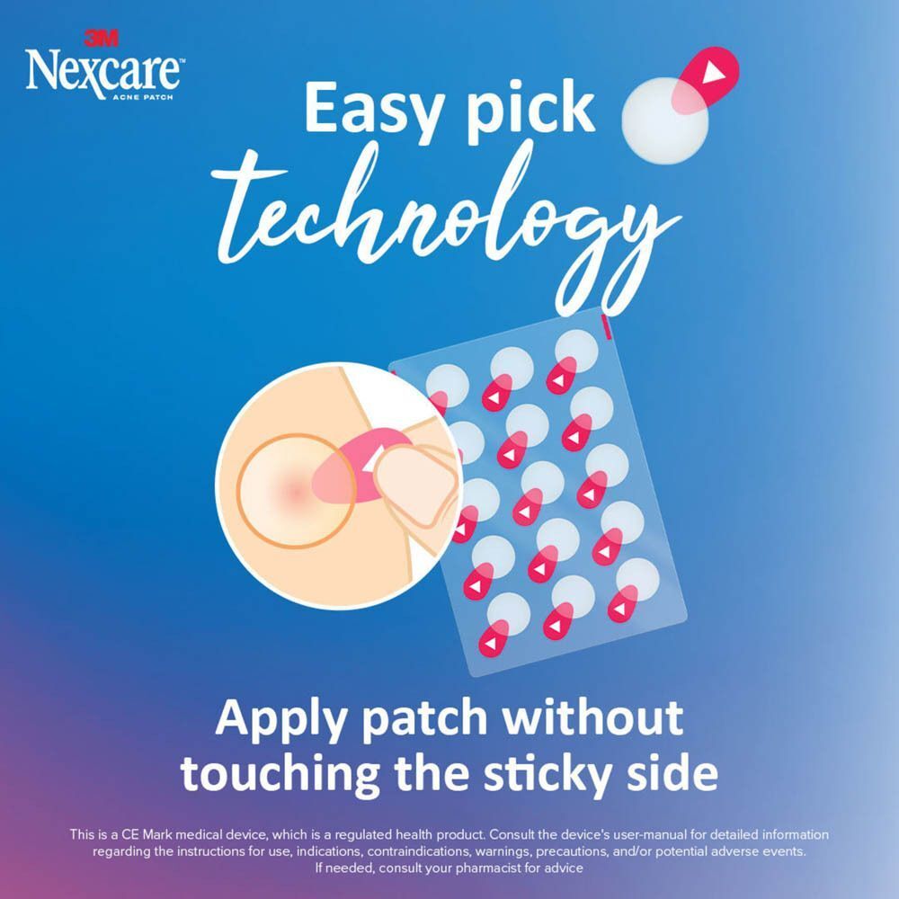Illustratie: aanbrengen van een acne pleister. Productnaam en tekst: Easy pick technology. Aanbrengen zonder aan te raken.