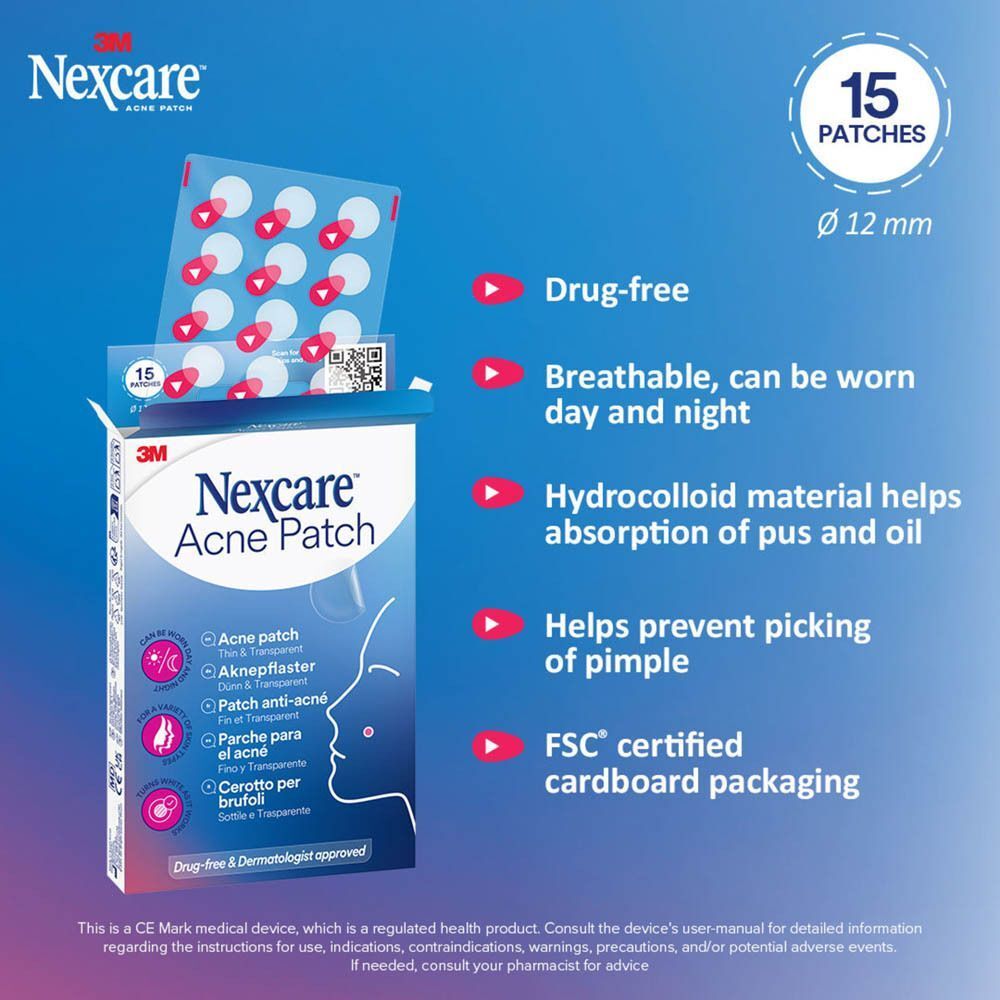 Emballage Nexcare™ Acne Patch. 15 patchs, Ø 12 mm. Texte : Sans médicament, respirant, hydrocolloïde, prévient les boutons.