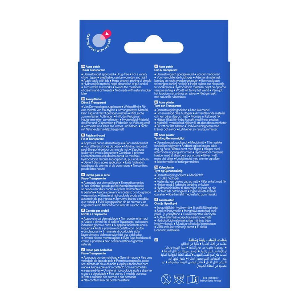 Dos de l'emballage Nexcare™ Acne Patch. Texte en plusieurs langues. Informations sur le produit.