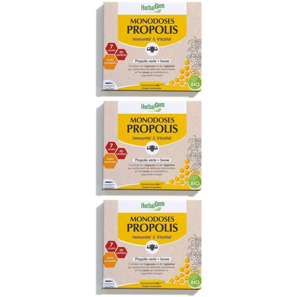 Trois boîtes de Monodoses Propolis Bio. Emballage jaune et blanc avec texte et logo.