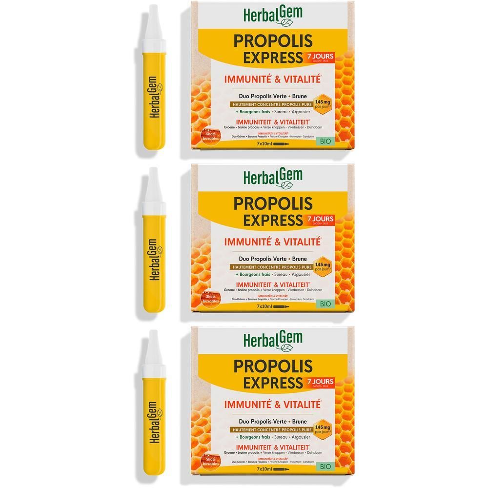 Drie dozen Monodoses Propolis Express. Gele en witte verpakking met tekst en logo.
