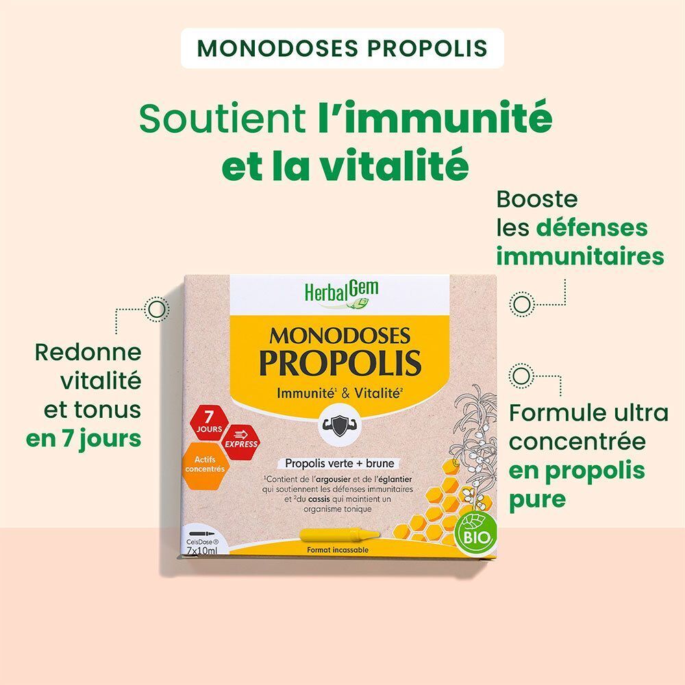 Boîte de Monodoses Propolis. Emballage jaune et blanc avec texte. Soutient l'immunité et la vitalité.